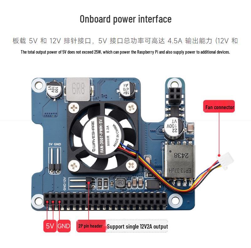 Raspberry Pi 5 PoE Ethernet Power Expansion Board with Fan Heatsink, 802.3af/at, 5/12V.