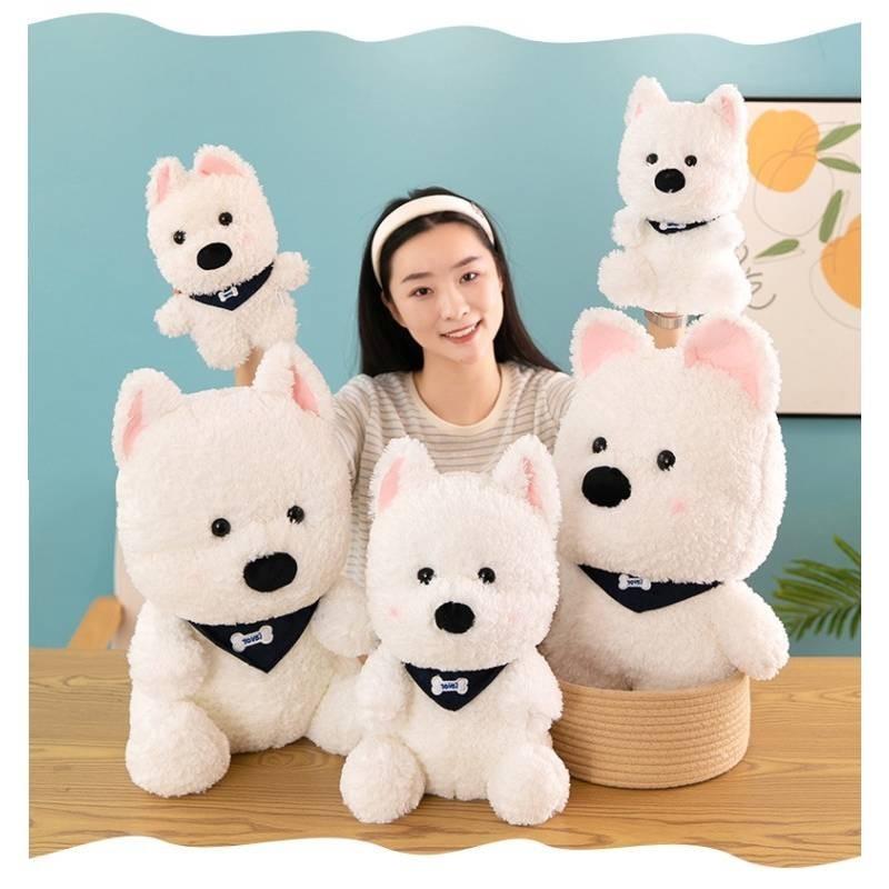 Adorable Scarf White Dog Plush Toy Soft Stuffed Animal For Gifts And Events
