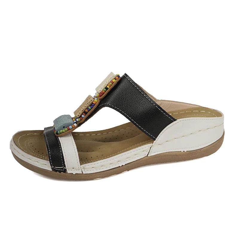 

Fashion 2025 Summer Open Toe Women’s Plus Size Slippers String Bead Round Toe Mixed Colors Wedges Sandals for New Daily Casual Slippers 36 чёрный