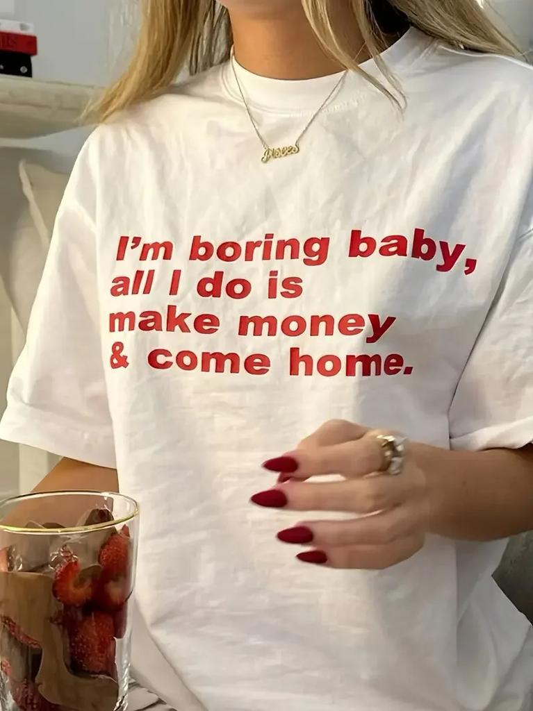 100% Cotton Hip Hop Women'S Casual Crew Neck T-Shirt with Red Letter Print Short Sleeve Street