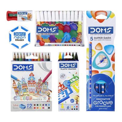 Doms Champions Kit School Stationery Combo Set for Kids Gifting Value Pack Pencil Crayon Colours Eraser Scale Sharpener
