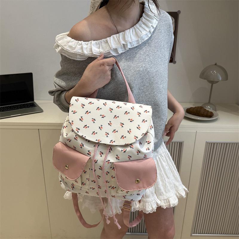 Women Floral Backpack Stylish Laptop Backpack Large Capacity Students School Bag Multi-pockets Adjustable Strap Nylon Backpack