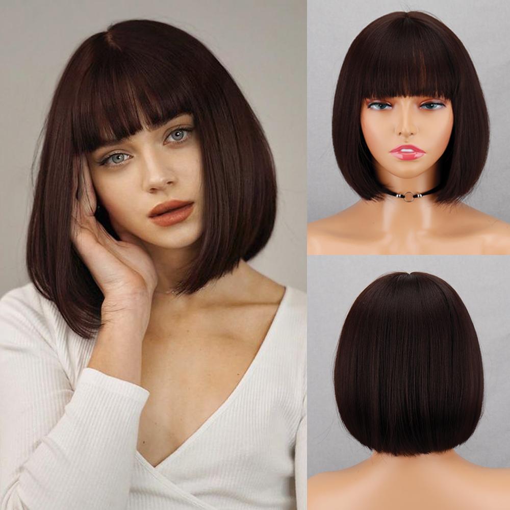 LISI HAIR Synthetic Short Straight Bob Wig Extension With Bangs Natural Looking Heat Resistant Fiber For Elegant Women Daily Wear