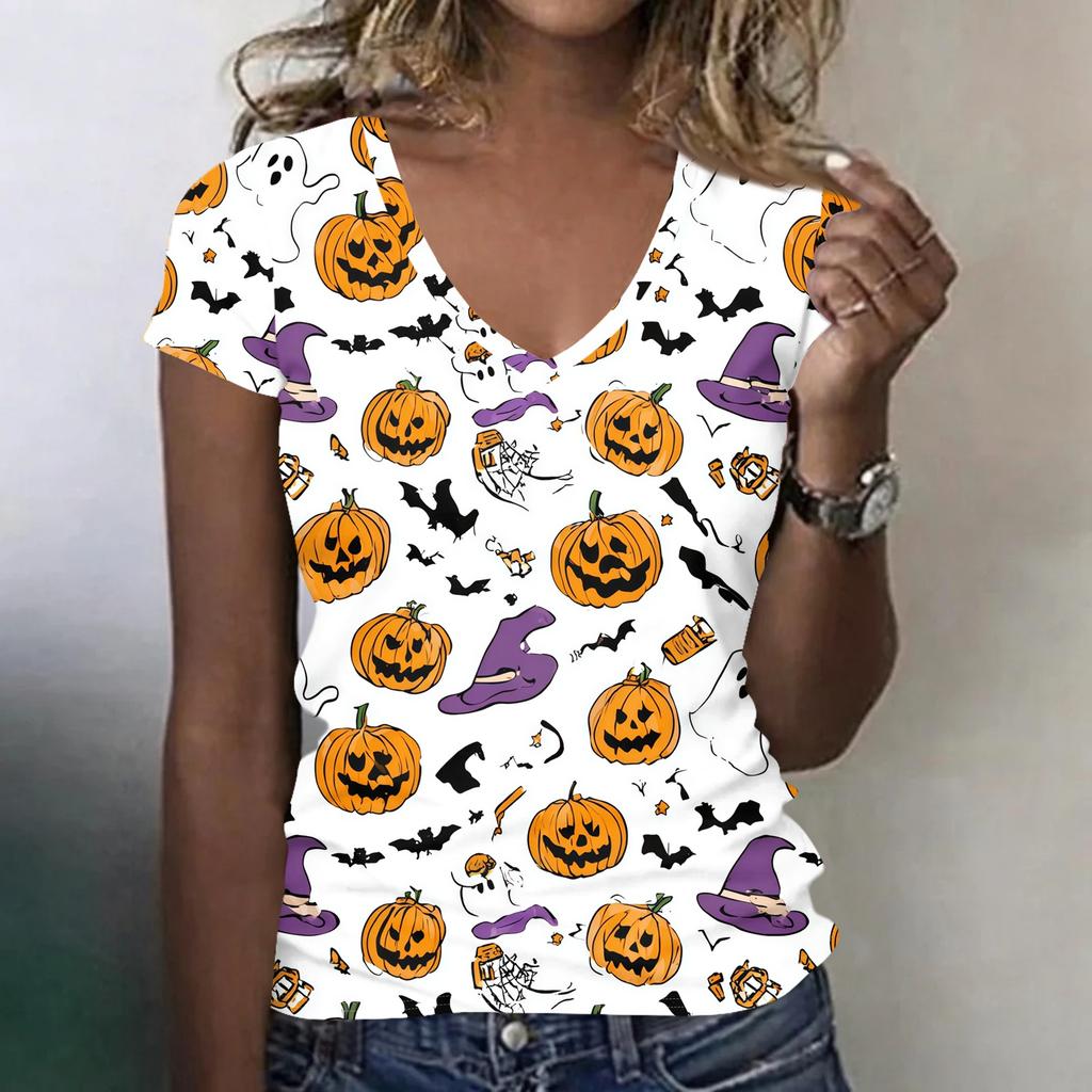 Women's V-Neck Halloween Print Lightweight Top for Spring and Summer