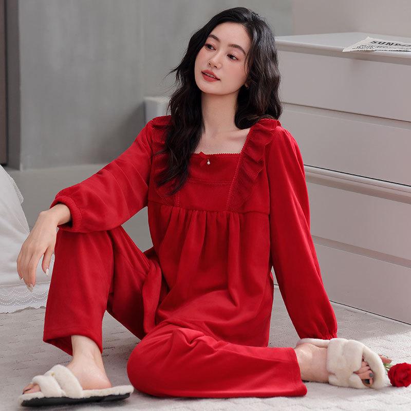 Pajamas Women'S Autumn And Winter Island Velvet Red Natal Year Women'S Thin Velvet Loungewear Suit Winter