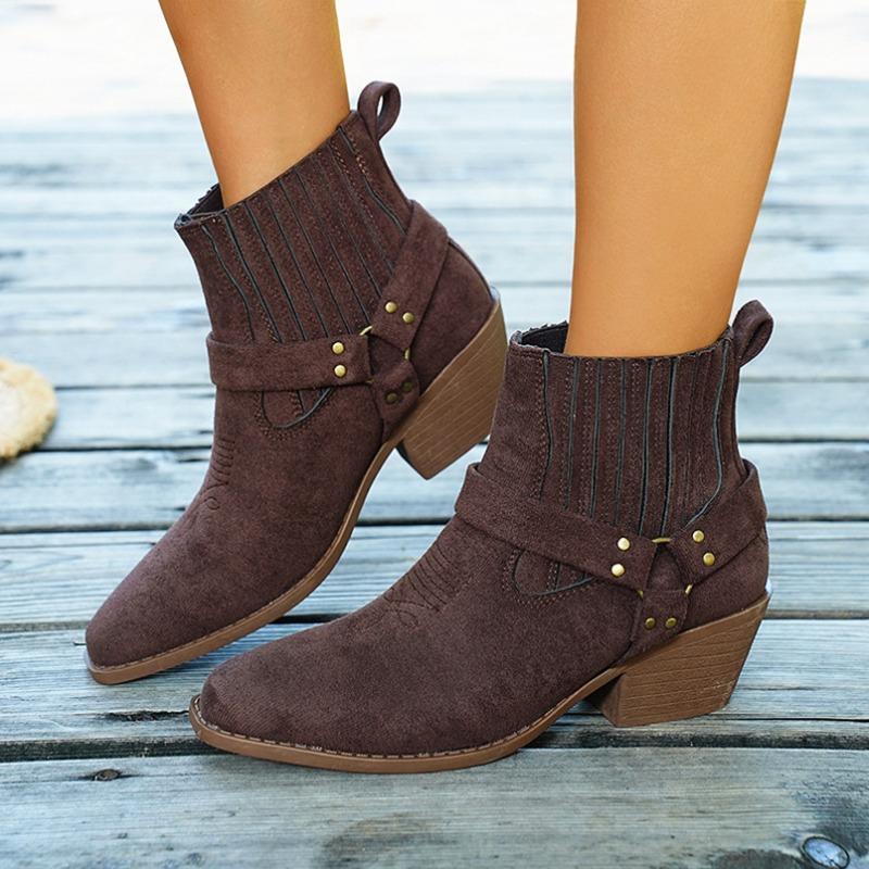 Foreign trade new elastic band thick heel short Martin boots women's cross-border retro style round head middle heel fashion rivet short boots