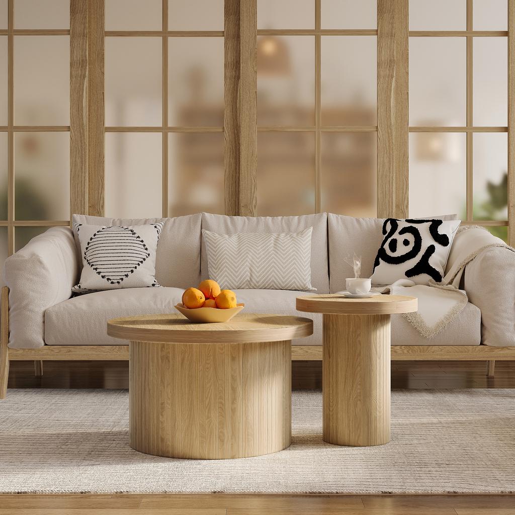 Coffee Table, Double Round Table, Side Table with Natural Wood Slats. Multifunctional Living Room Table