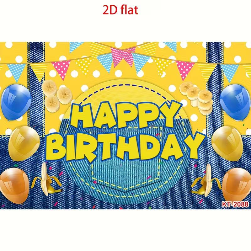 2D Yellow Polka Dot Denim Style Birthday Background with Banana Slices