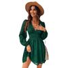 Women's Low-Cut A-Line Green Mini Dress with Long Sleeves - Sexy Party Wear for Spring & Autumn 2023.