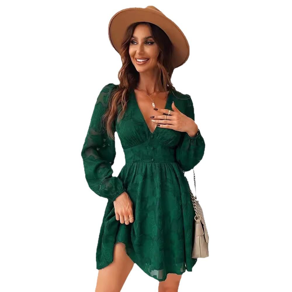 Women's Low-Cut A-Line Green Mini Dress with Long Sleeves - Sexy Party Wear for Spring & Autumn 2023.