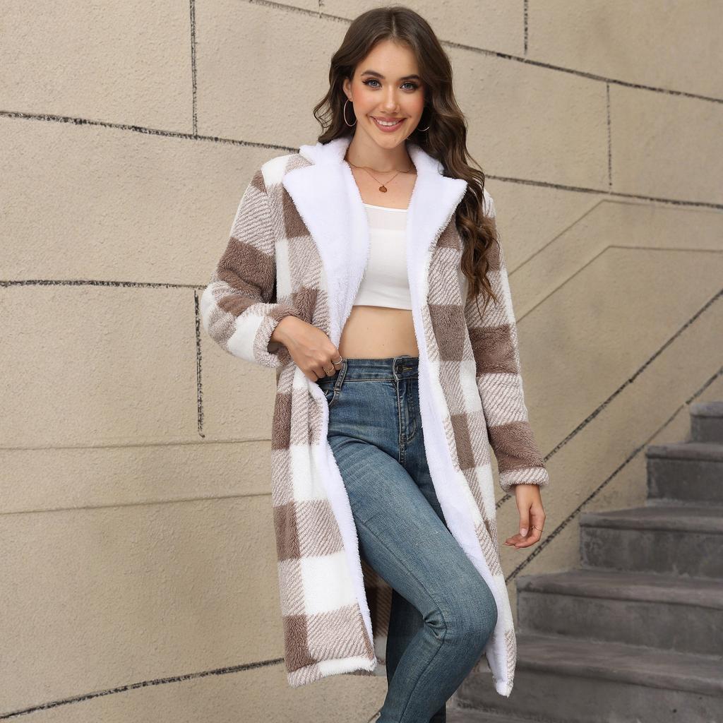 Women's Fashion Casual Warm Thickened Two-Color Plush Mid-Length Hooded Button Cardigan Coat