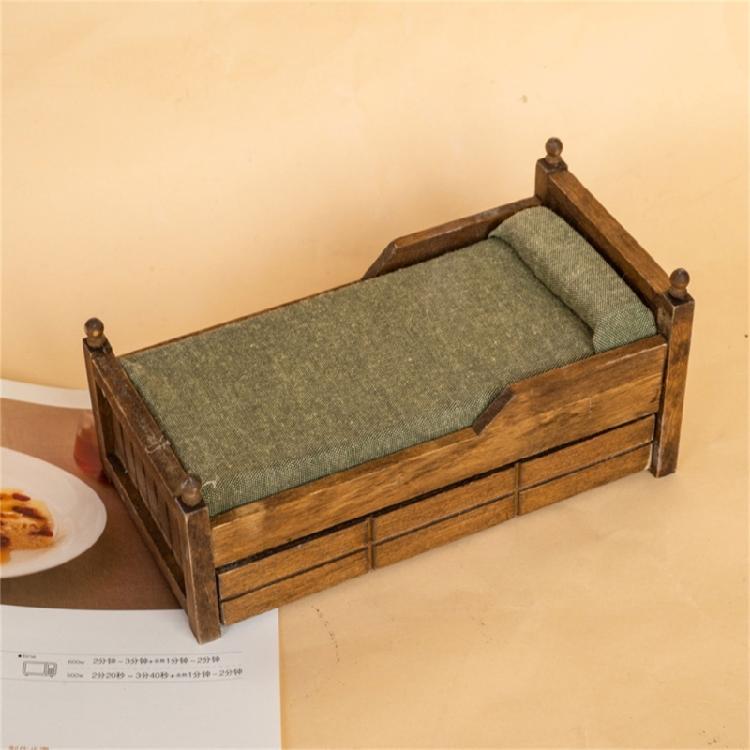 Modern Style 1:12 Scale Dollhouses Bedroom Furniture Set Wooden Toy Bed With Cotton Padded Pillow For Model Displays