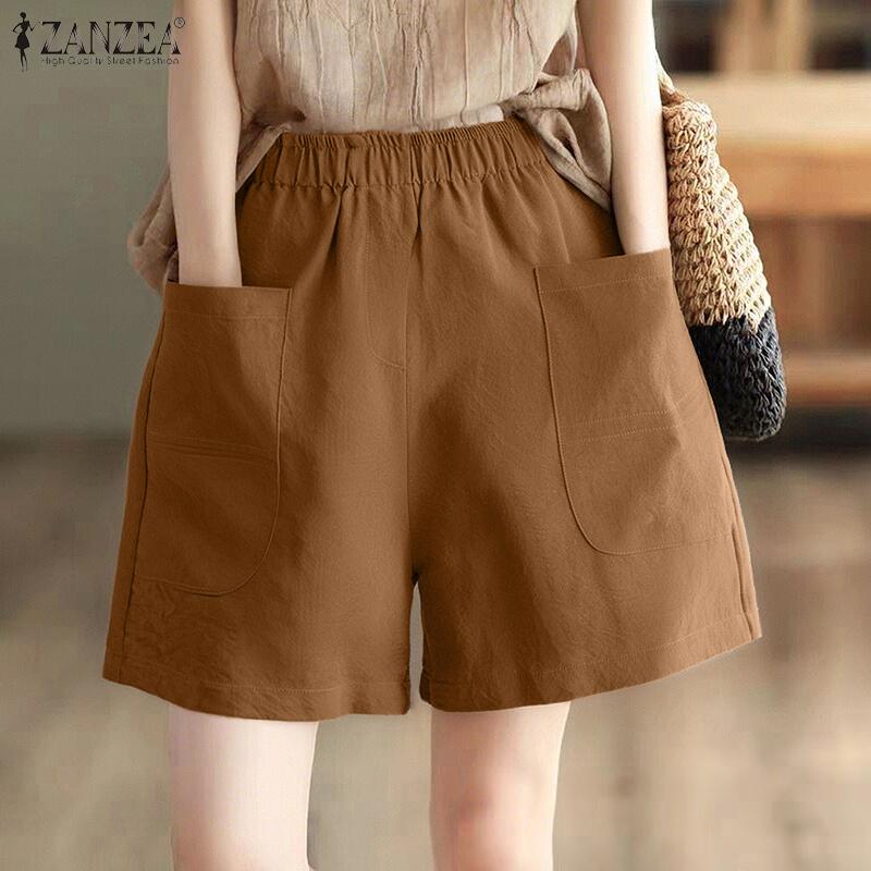 ZANZEA Women Summer Elastic Waist Solid Color Loose Short Pants