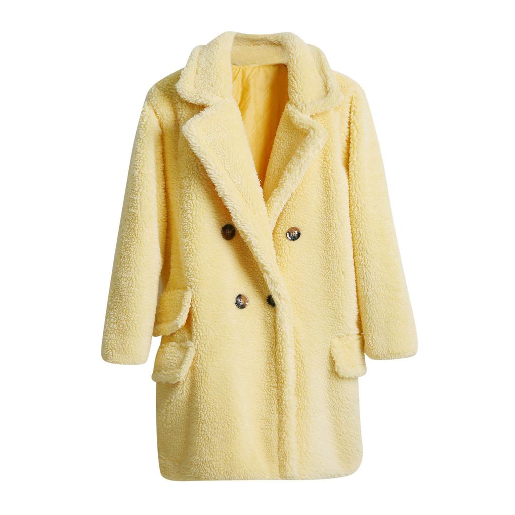Fashion Women Solid Medium Turn-Down Collar Warm Plush Coat
