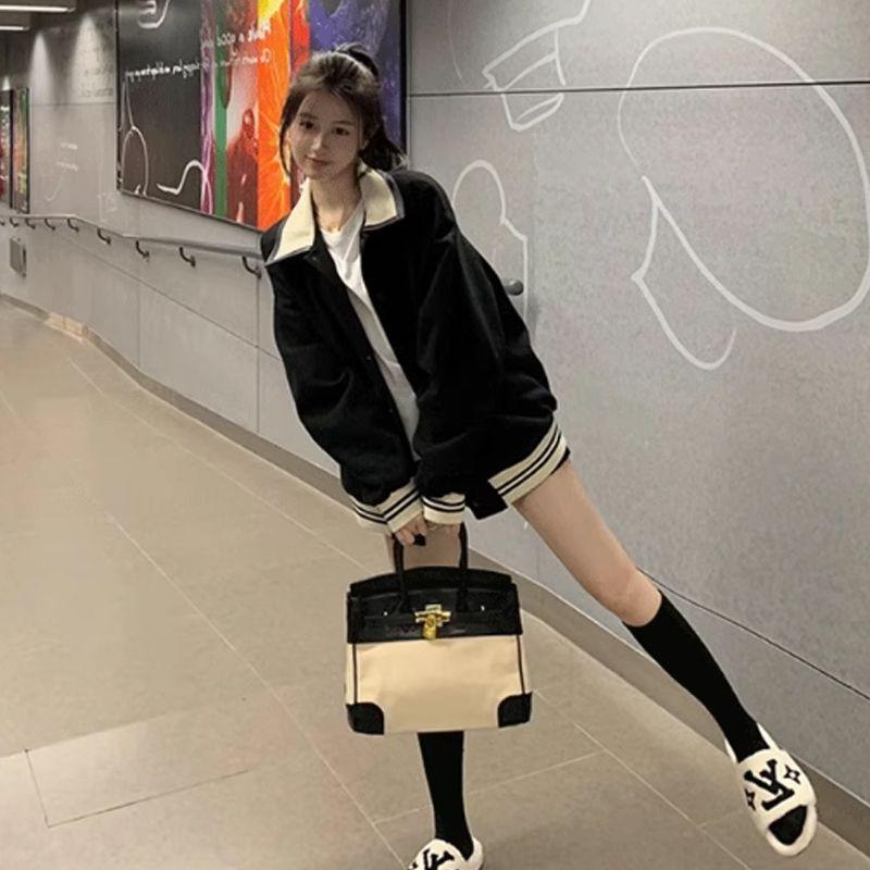 Women's Cotton Baseball Jacket: Autumn/Winter Korean Style, Loose Fit, Color Block, Thickened Lapel, Fashionable and Lightweight.