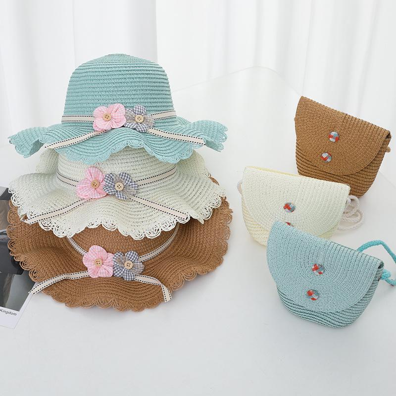 Fashion Summer Children Sunscreen Straw Hat Bag Weaving Grass Cap Cool Sun Hat For Girl Cute Breathable Baby accessories
