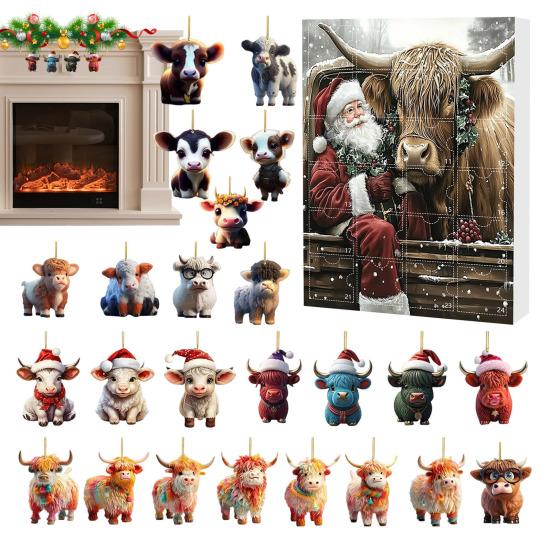 Yousheng Highland Cow Ornaments Advent Calendar 2025 24 Days Christmas Countdown Calendar with Cartoon Cows Ornament for Xmas Tree Decor