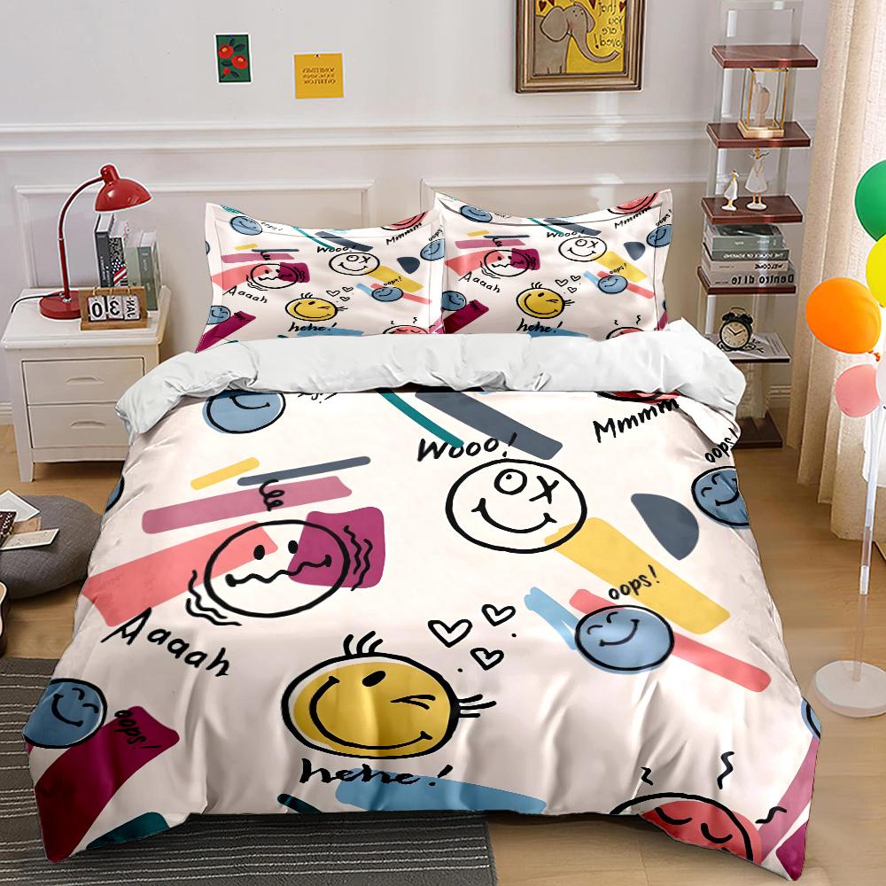 Lustiges Cartoon-Smiley-Gesichter-Druck Bettwäsche-Set für Kinder Luxuriöses Geschenk 3-teiliges Digitaldruck-Bettdecken-Set Weich Bequem Atmungsaktiv