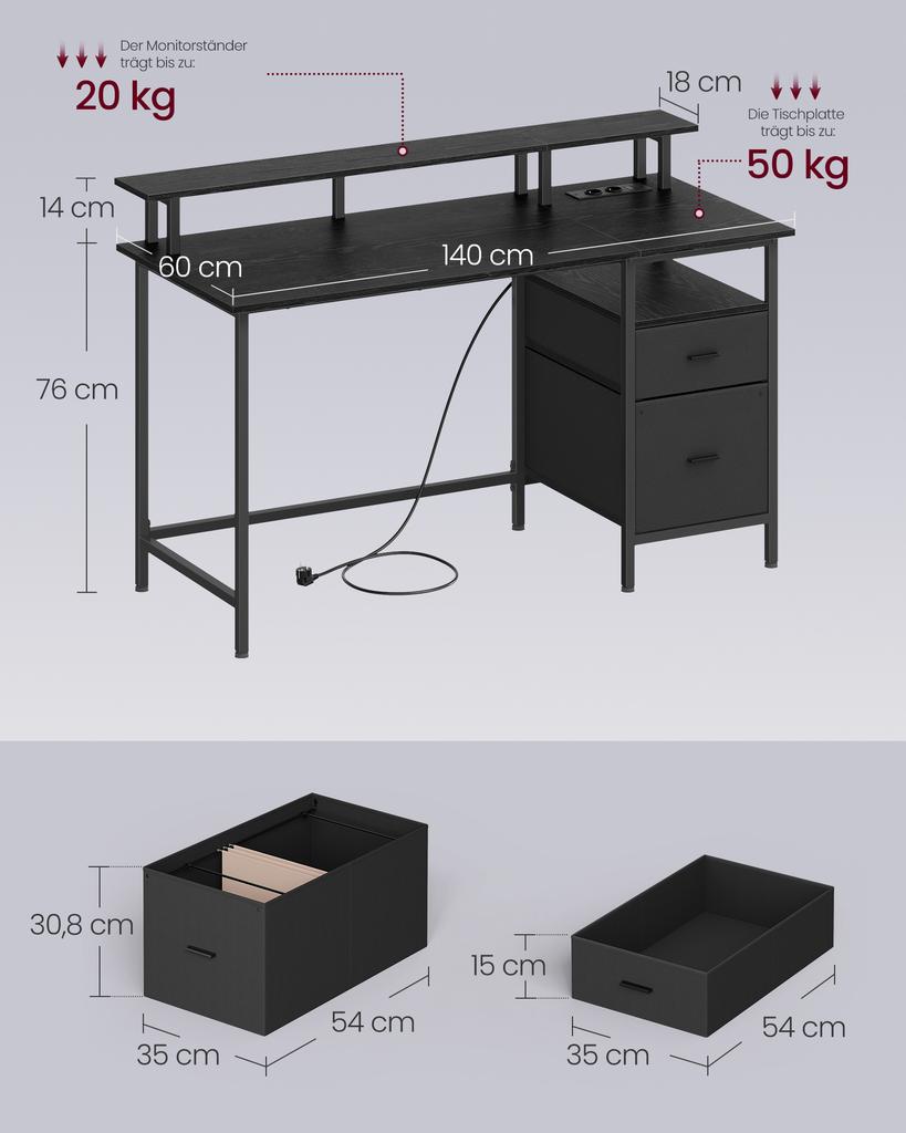 VASAGLE Desk with Fabric Drawers, Computer Desk with Monitor Stand, LED Lighting, 55 x 135 x 90 cm, Built-in Sockets, 2 USB-A Ports, for Home Office