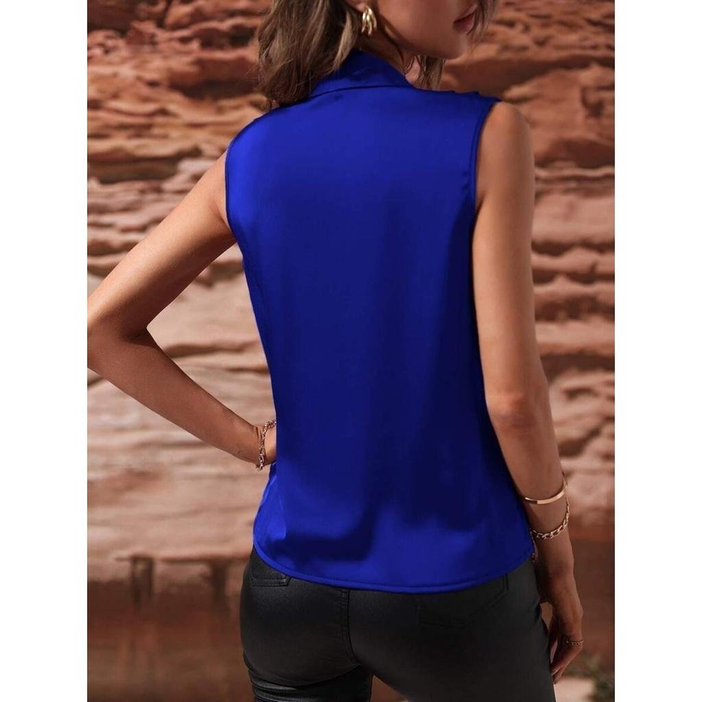 Women's Spring and Summer Sleeveless Satin Shirt Pleated Vest New Sexy Shirt