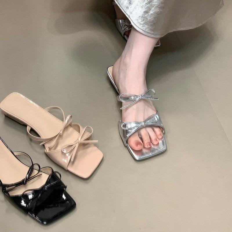 Temperament Square Head Thick Heel Sandals 2025 Summer Double Bow Fairy Style with Skirt Slippers