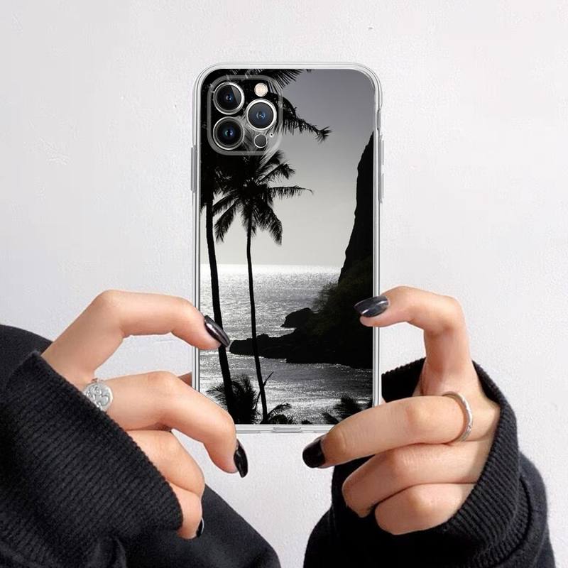 Black white palm leaves palm trees Phone Case For iPhone 14 13 12 11 Pro Max XS X XR SE 2020 6 7 8 Plus Mini Transparent Shell