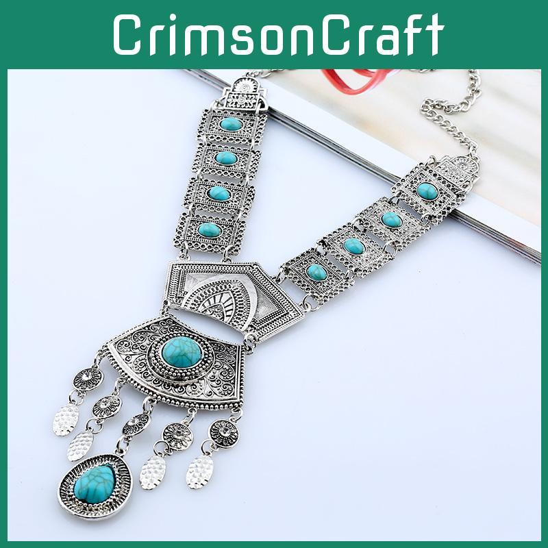 Ethnic Style Simulation Gemstone Decor Women Metal Necklace With Tassel For Artistic Jewelry Fans