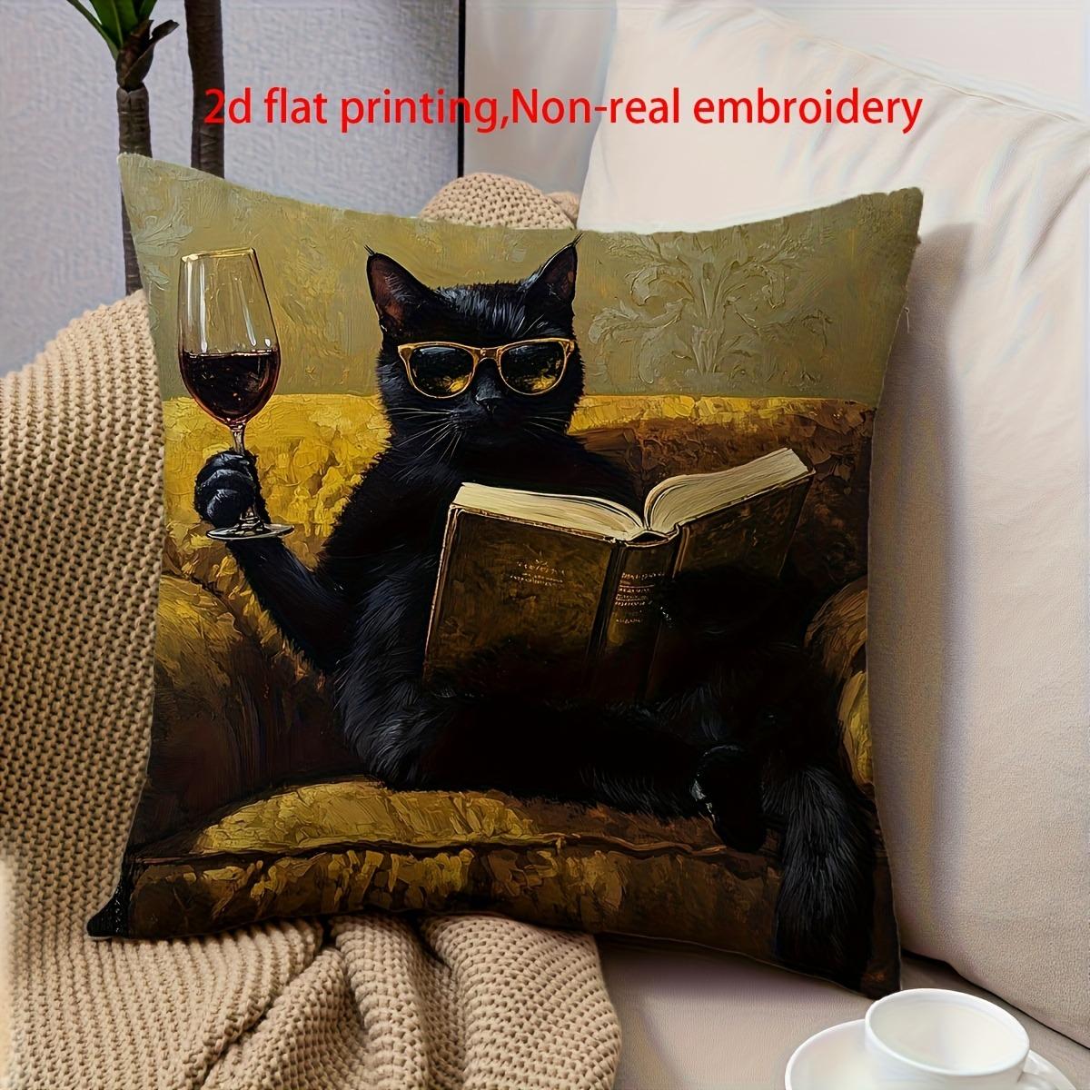 

Крутая черная кошка, читающая книгу с бокалом вина, наволочка с 2D-принтом, чехол на диванную подушку, украшение для дома, 2D-печать 16x16in 40x40cm