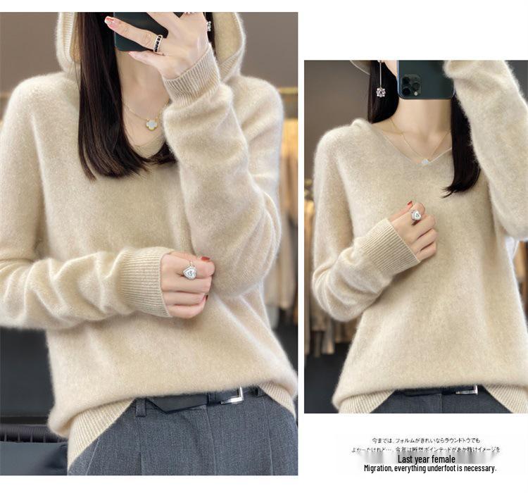 Women's V-Neck Hooded Wool Sweater - Autumn/Winter Loose Knit Pullover