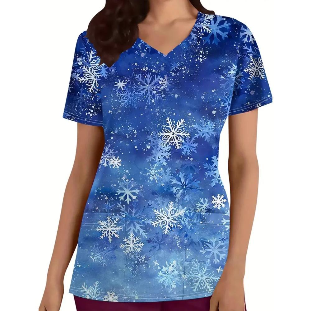 New Christmas Surgical Uniforms Woman Vet Dental Medical Uniform Microstretch V-Neck Short-Sleeve Tops Women's Medical Uniforms