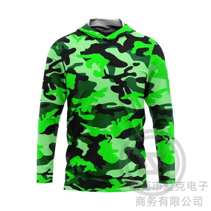 Mens Quick-Dry Long Sleeve Fishing Jacket With Hood Camouflage UV Protection Outdoor Sport Wear