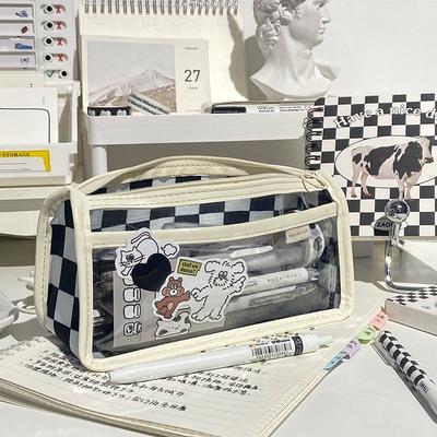 Astuccio, Borsa per Cancelleria Motivo a Scacchi, Taglia Grande, Può Contenere Molte Cose, Design Semplice, Colore Trasparente