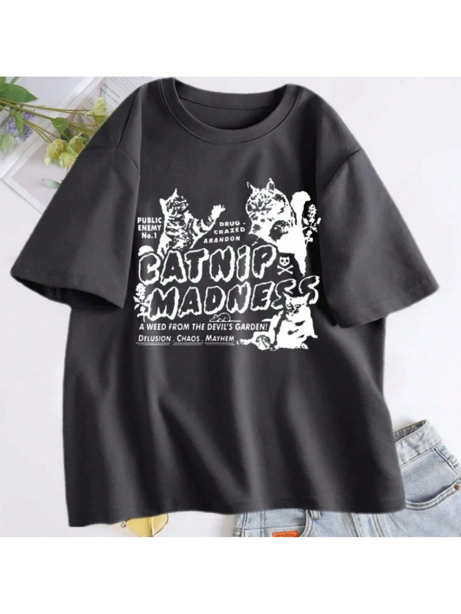 T Shirt Cat Graphic Print Catnip Madness Cute Kitten Funny Cat Pet Humor T-Shirts Summer Cotton Kawaii Tee Female Clothing S разноцветный