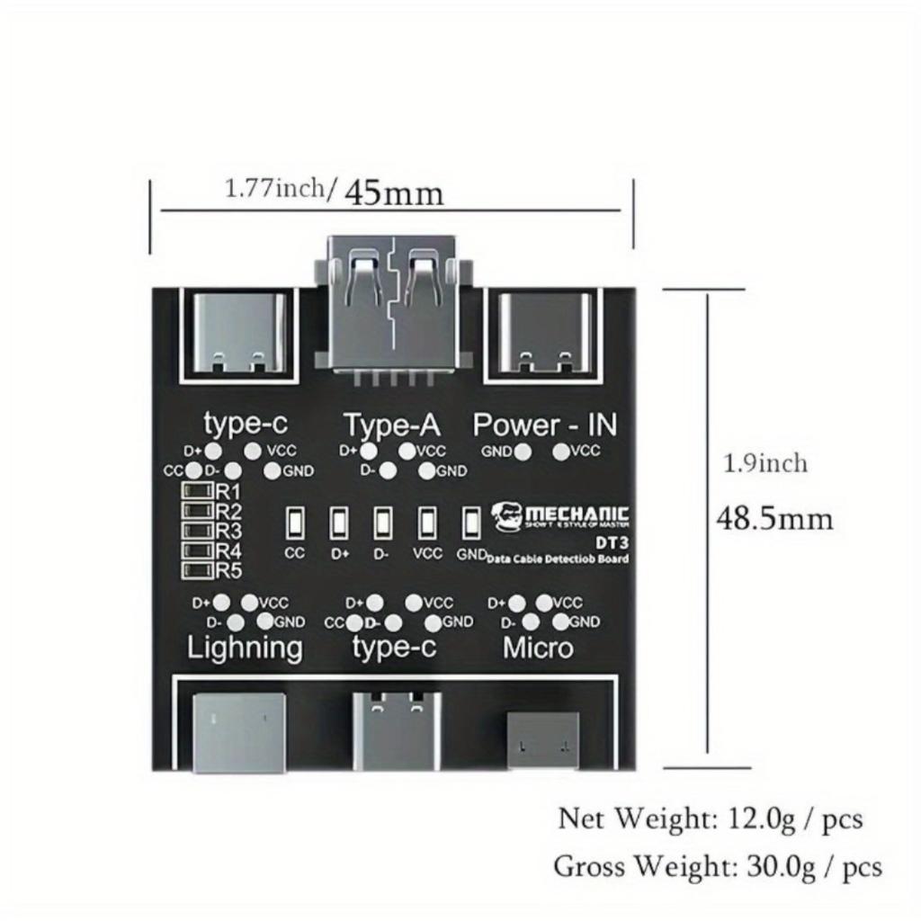 DT3 Compact USB Cable Test Board, Fast Tester For IOS Android Type-C Cable, Portable PCB Module With Protection, Switch And Indicator Light