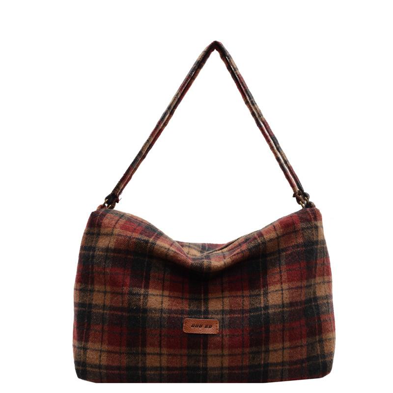 Autumn and winter woolen plaid large-capacity bag women's 2025 new tote bag college style shoulder armpit bag