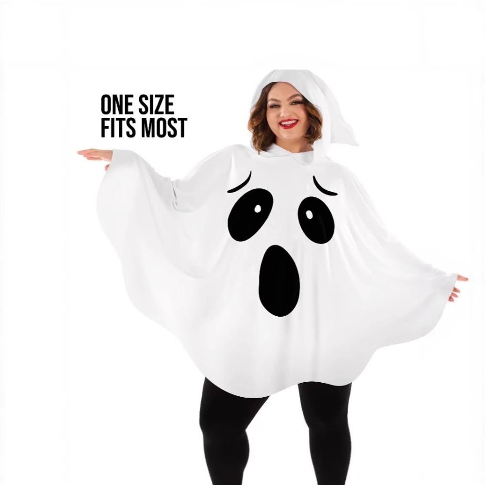 White Halloween Cloak Cape Black Eye Ghost Cosplay Costume Creative Design Pumpkin Cloak  Women