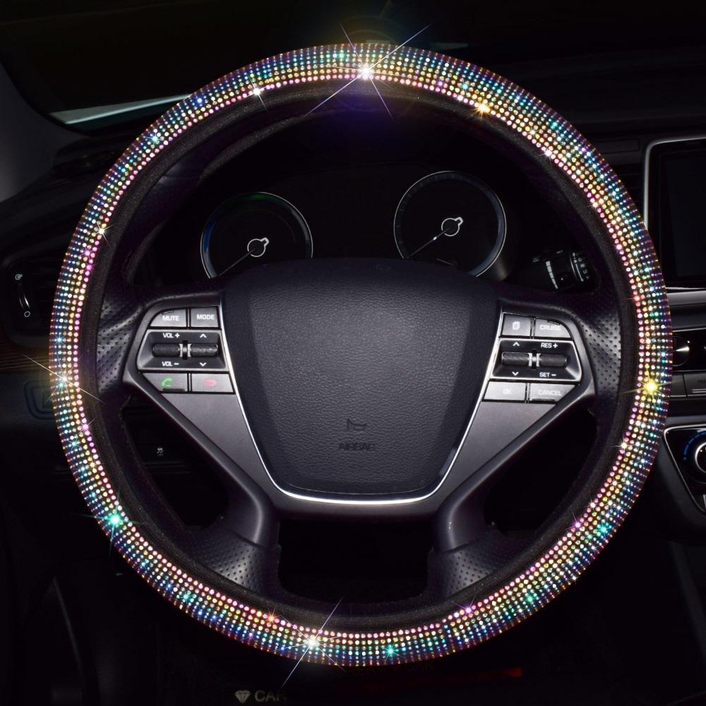 38cm Bling Rhinestones Steering Wheel Cover for Women Girl with Crystal Diamond Sparkling Car SUV Breathable Anti-Slip Universal Steering Wheel Covers