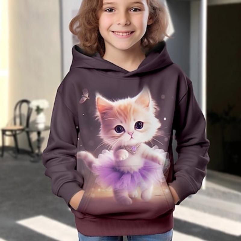 Girls' 3D Cat Hoodie Pullover Long Sleeve 3D Print Fall Winter Active Fashion Cute Polyester Kids 3-12 Years Outdoor Casual Daily Regular Fit