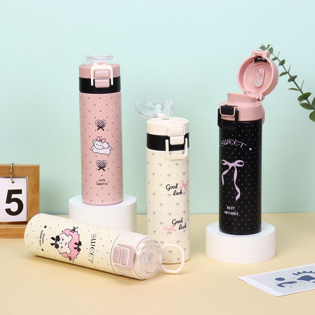 Water Bottle Cute Student Cartoon Thermos Cup Portable School Water Cup Simple Stainless Steel Elastic Cover Double Drinking Straw Cup