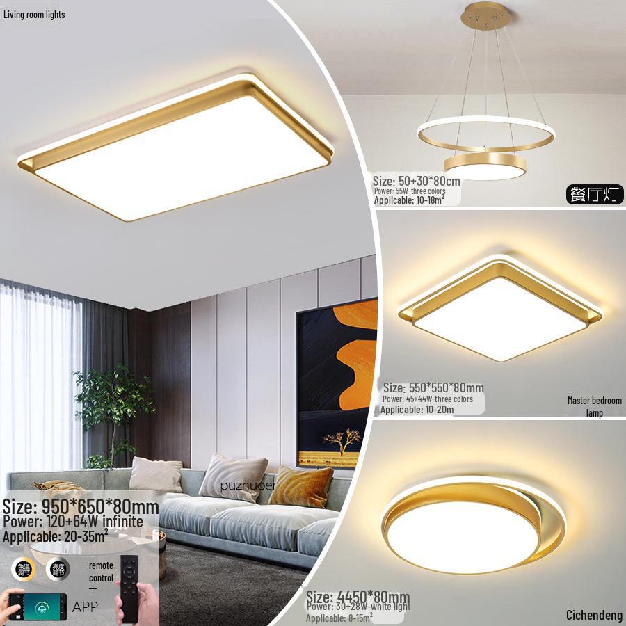 Gold Rectangular Ceiling Lamp Set for Living and Bedrooms