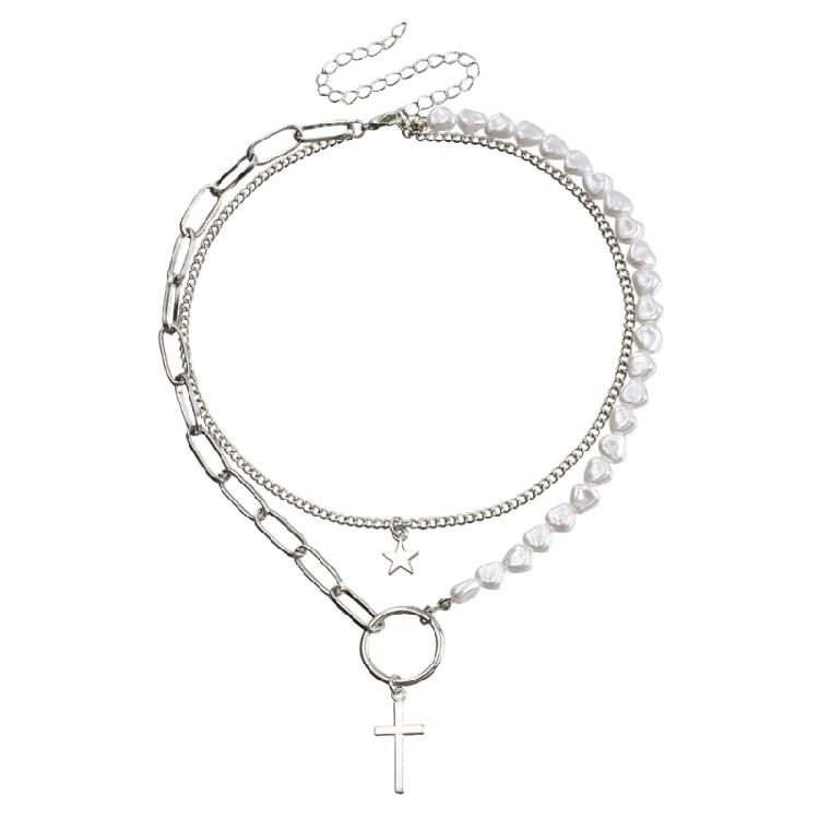 

Geometric Layered Pearl Necklace fpr Women Girls Cross Star Pendant Necklaces 1