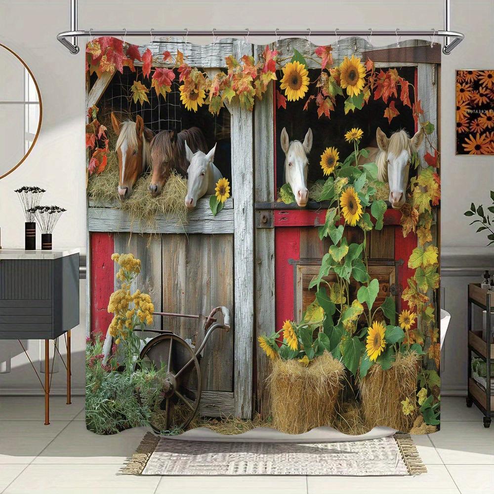 

Rustic Barn Horse Shower Curtain -Waterproof,Mildew-Resistant with Sunflower and Autumn Leaf Design for Farmhouse Bathroom Decor W90XH180cm