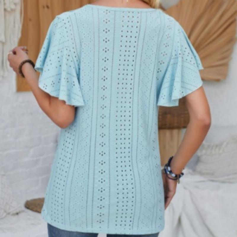 Damen Frühling Sommer Spitze V-Ausschnitt Rüschenärmel Einfarbig Lose T-Shirt