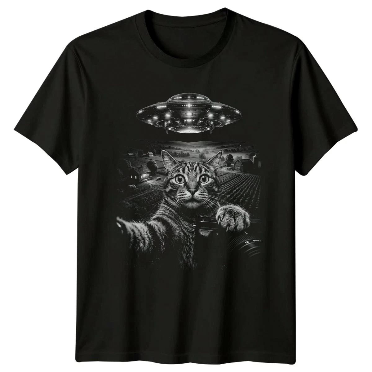 Cat Selfie UFO Alien Abduction T-Shirt Farm Cat Birthday Gift For Him And Her XXXL