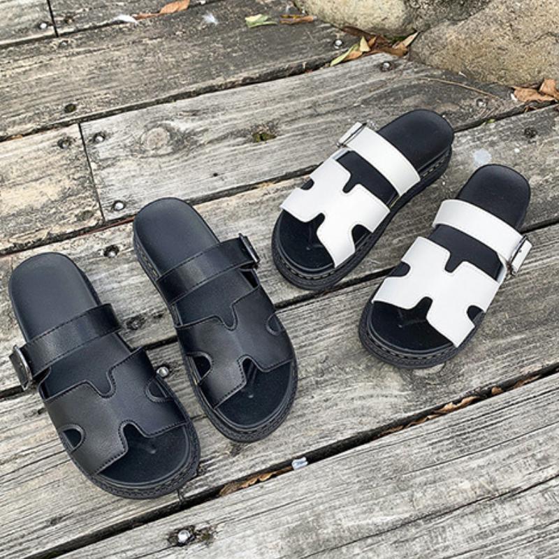 2025 Large Size Women's Versatile Thick Sole Solid Color European and American Casual Cool Slippers Summer Shoes