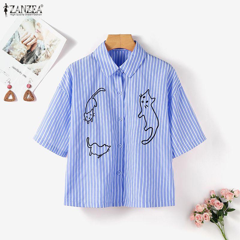 ZANZEA Women Turn Down Collar Loose Casual Short Sleeve Stripe Blouse