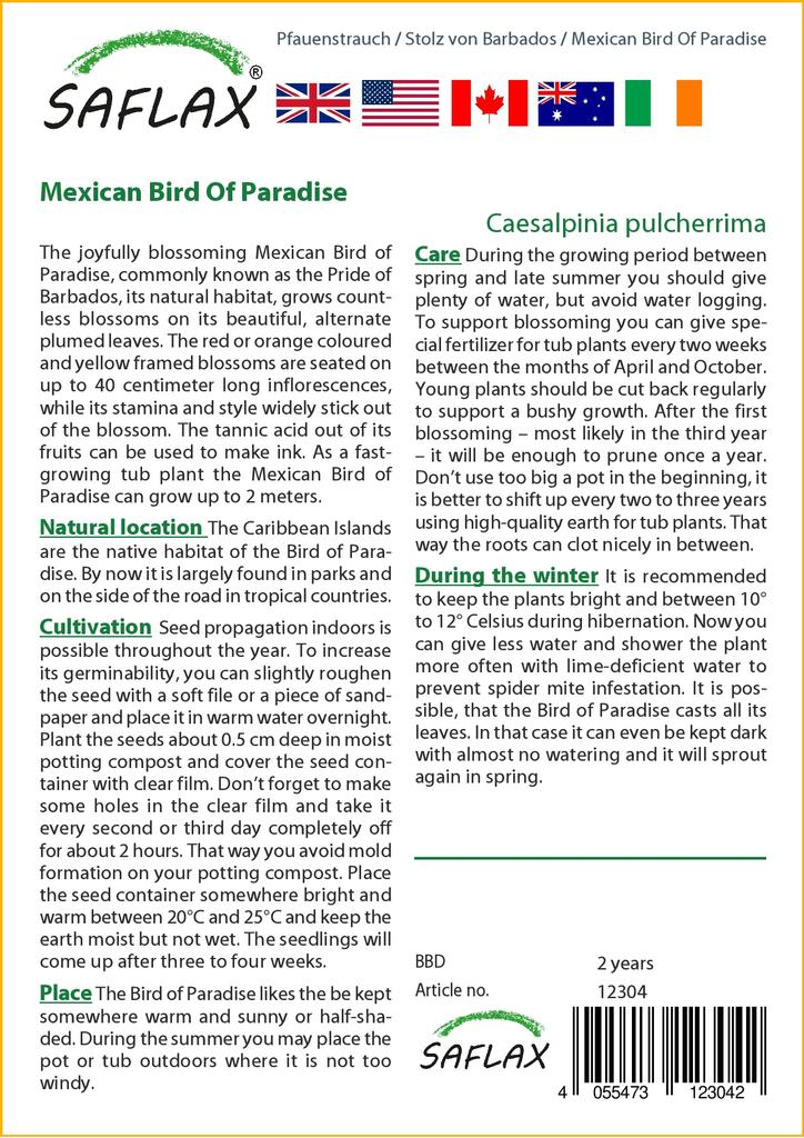 SAFLAX Mexican Bird Of Paradise - 10 Seeds - Caesalpinia Pulcherrima