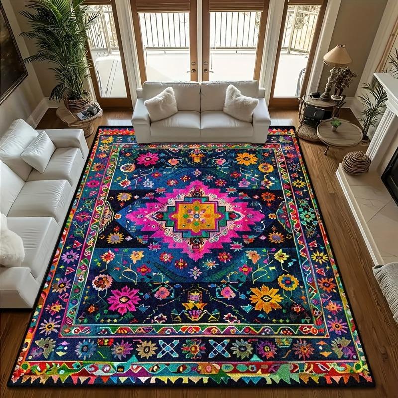 Luxurious Colorful Bohemian Persian-Inspired Mat Stain Resistant Machine Washable Polyester Mat Indoor Outdoor Large Area Mat