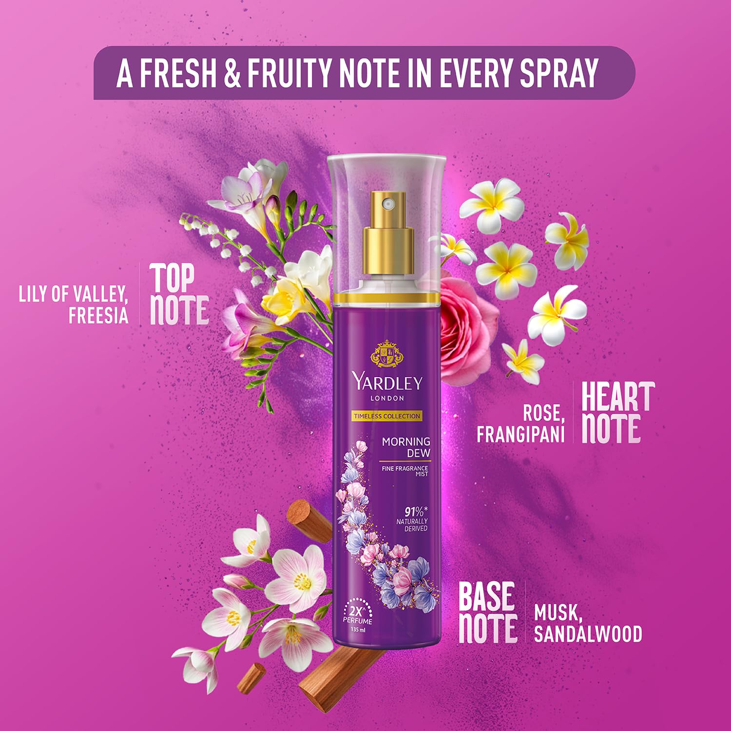 Yardley London Morning Dew Fine Fragrance Body Mist Spray | 2X Perfume for Women | 91% Naturally Derived | Lily of the Valley & Frangipani 135 ML
