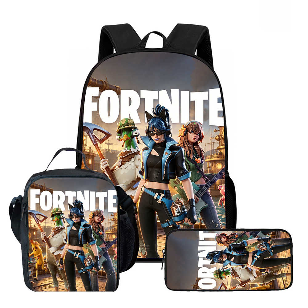 3Pcs Set Kids School Backpack With Lunch Bag & Pencil Bag,Cartoon Fortnite School Bags For Age 5-10,Lightweight For Boys Girls
